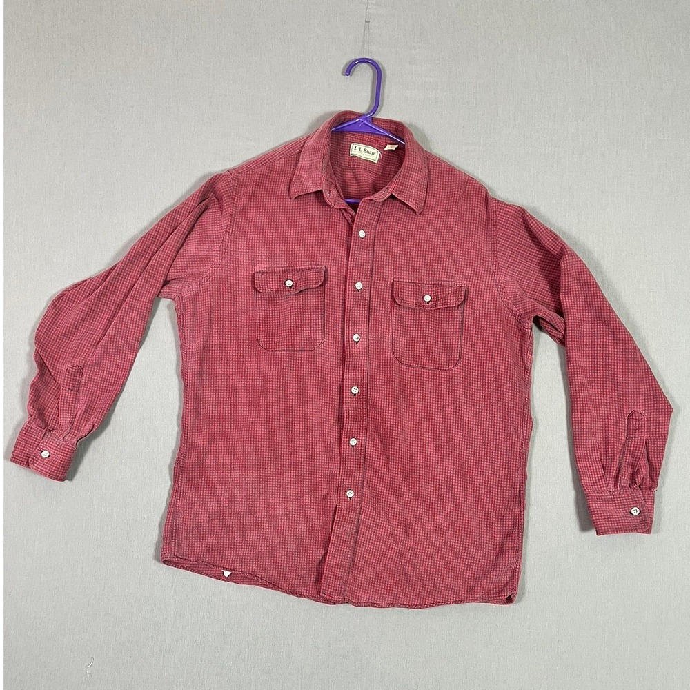 Vintage LL Bean Button Up L Micro Check Red Black USA Cabincore Flaws